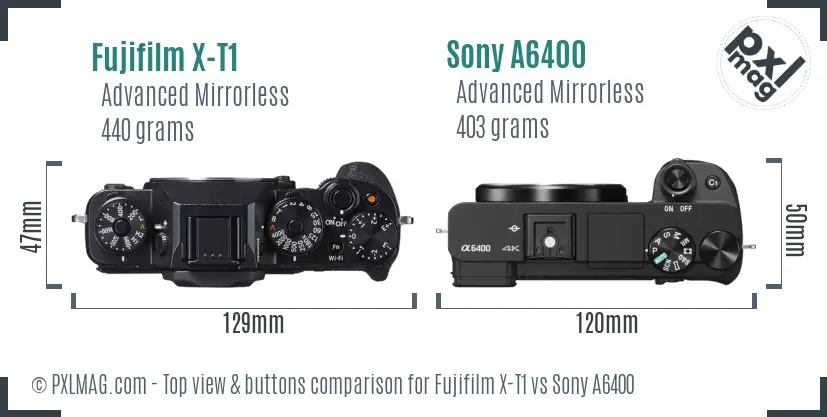 Fujifilm X-T1 vs Sony A6400 top view buttons comparison