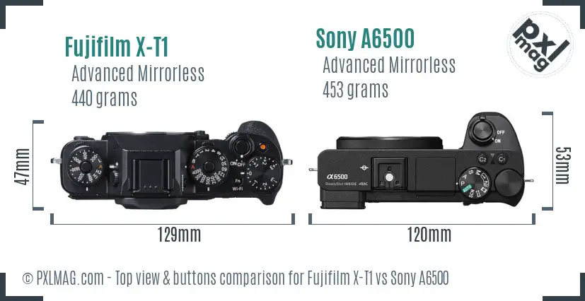Fujifilm X-T1 vs Sony A6500 top view buttons comparison