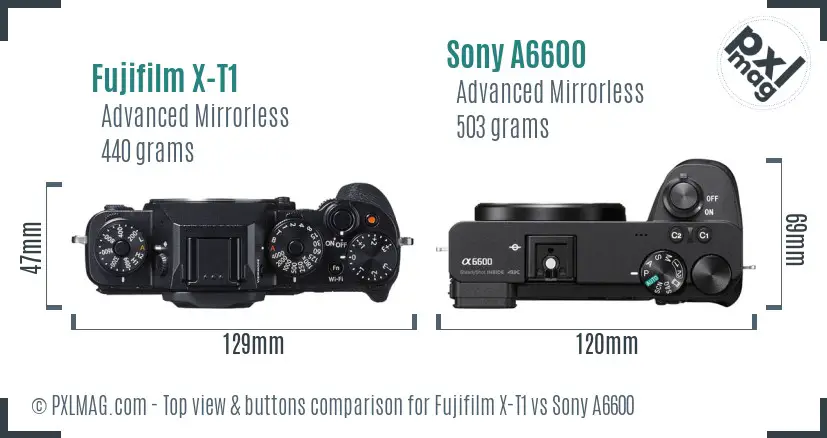 Fujifilm X-T1 vs Sony A6600 top view buttons comparison