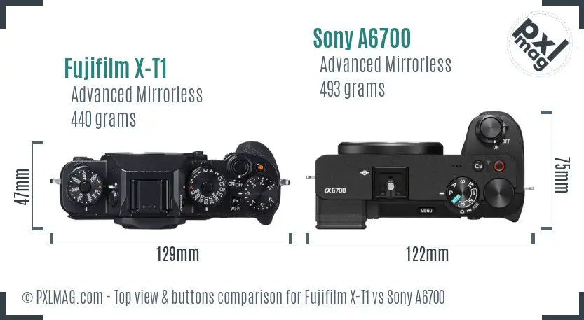 Fujifilm X-T1 vs Sony A6700 top view buttons comparison