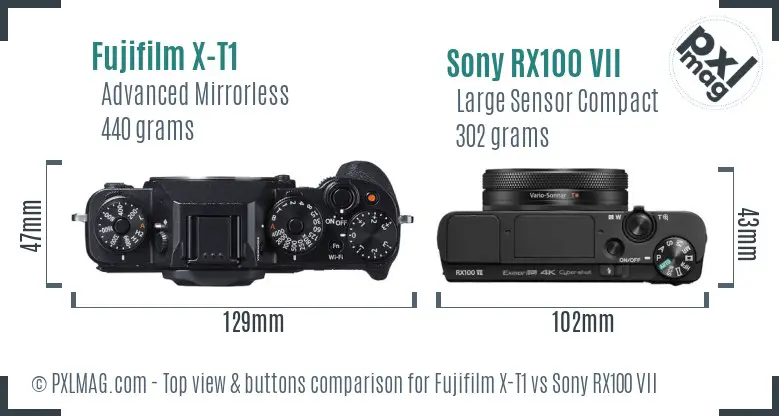 Fujifilm X-T1 vs Sony RX100 VII top view buttons comparison