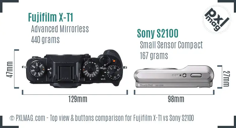 Fujifilm X-T1 vs Sony S2100 top view buttons comparison