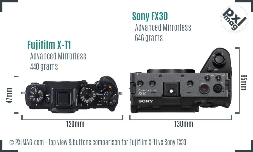 Fujifilm X-T1 vs Sony FX30 top view buttons comparison