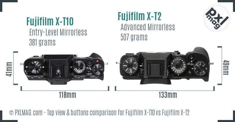 Fujifilm X-T10 vs Fujifilm X-T2 top view buttons comparison