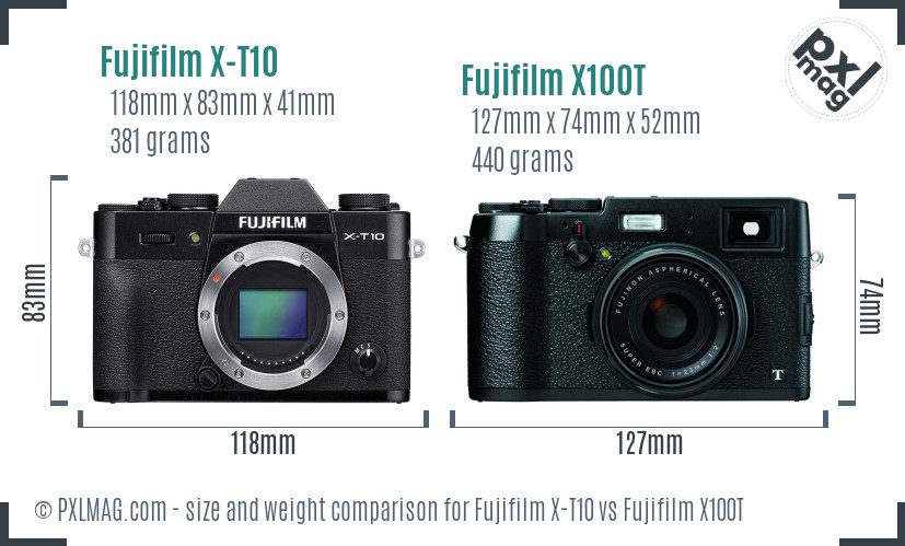 Fujifilm X-T10 vs Fujifilm X100T size comparison