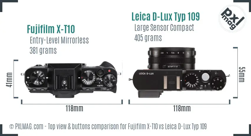 Fujifilm X-T10 vs Leica D-Lux Typ 109 top view buttons comparison
