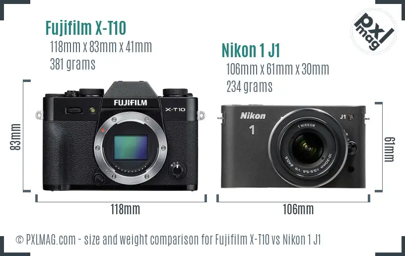 Fujifilm X-T10 vs Nikon 1 J1 size comparison