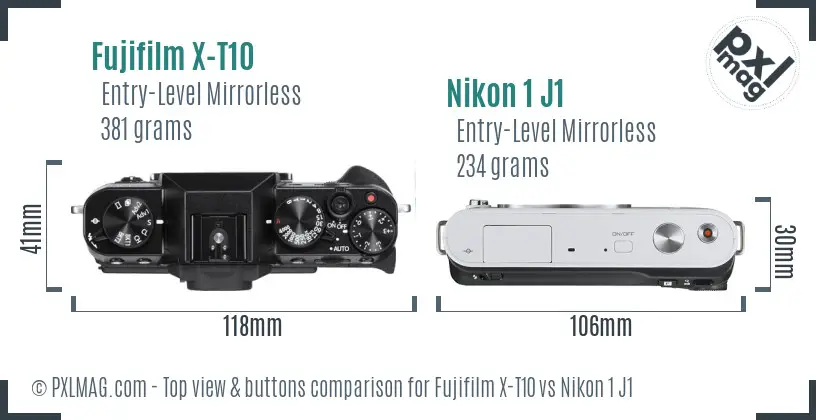 Fujifilm X-T10 vs Nikon 1 J1 top view buttons comparison
