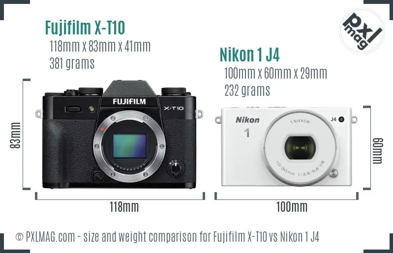 Fujifilm X-T10 vs Nikon 1 J4 size comparison