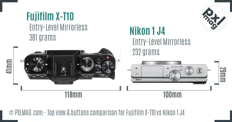 Fujifilm X-T10 vs Nikon 1 J4 top view buttons comparison