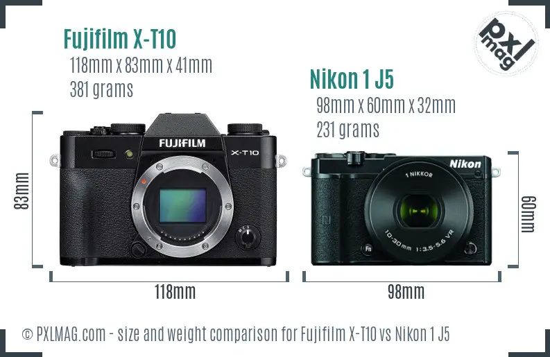 Fujifilm X-T10 vs Nikon 1 J5 size comparison