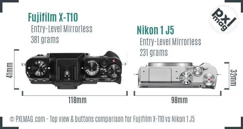 Fujifilm X-T10 vs Nikon 1 J5 top view buttons comparison