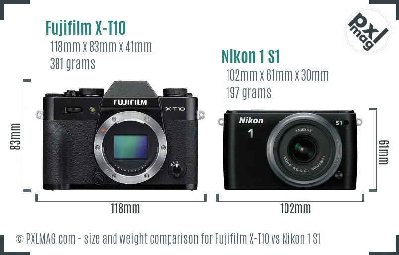 Fujifilm X-T10 vs Nikon 1 S1 size comparison