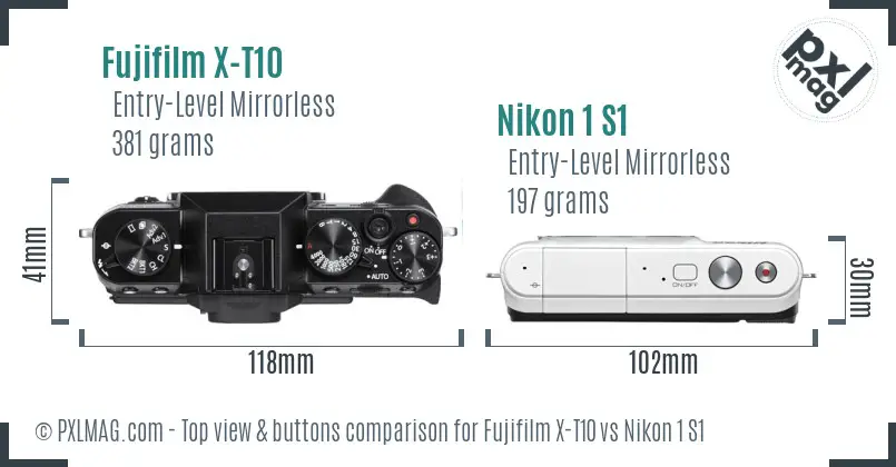 Fujifilm X-T10 vs Nikon 1 S1 top view buttons comparison