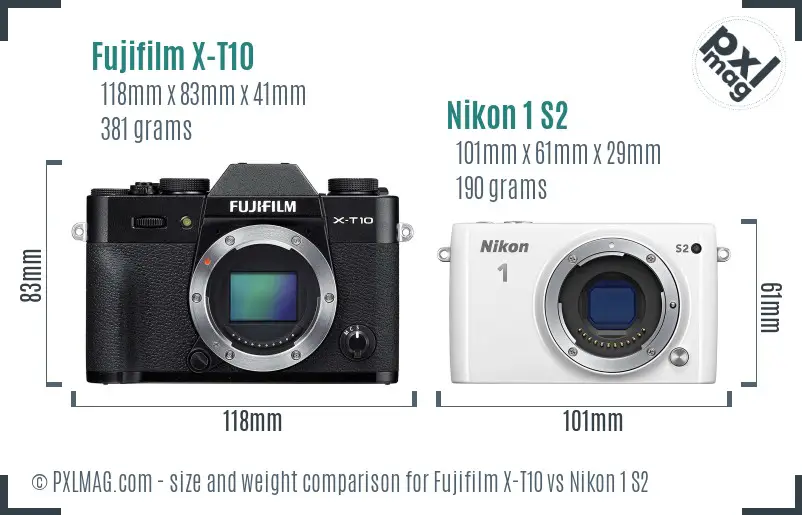 Fujifilm X-T10 vs Nikon 1 S2 size comparison