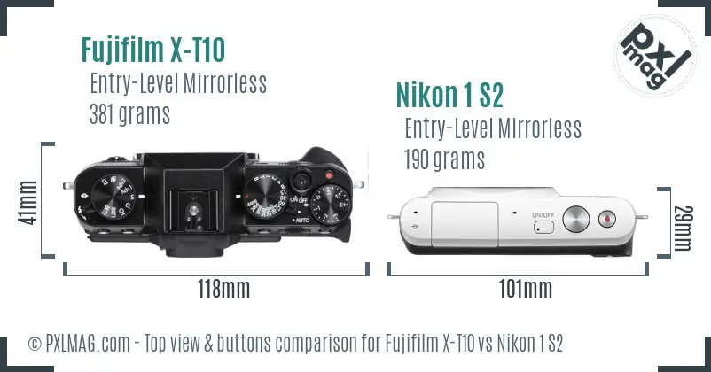 Fujifilm X-T10 vs Nikon 1 S2 top view buttons comparison
