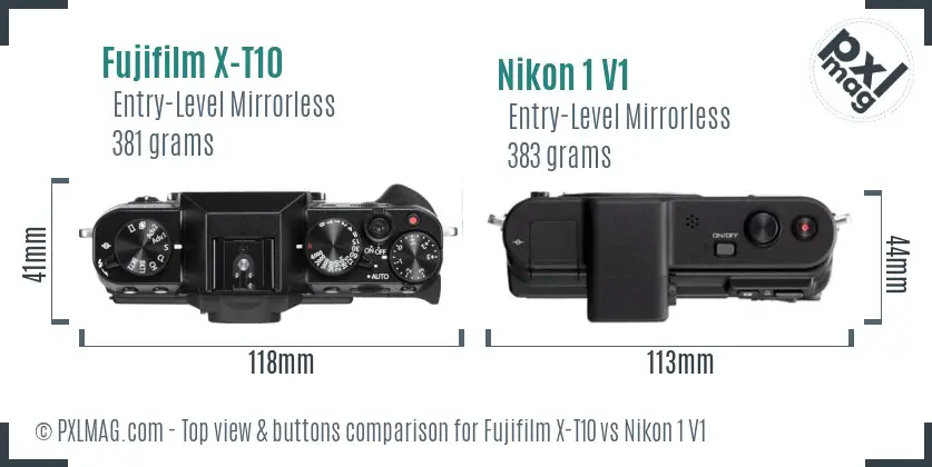 Fujifilm X-T10 vs Nikon 1 V1 top view buttons comparison