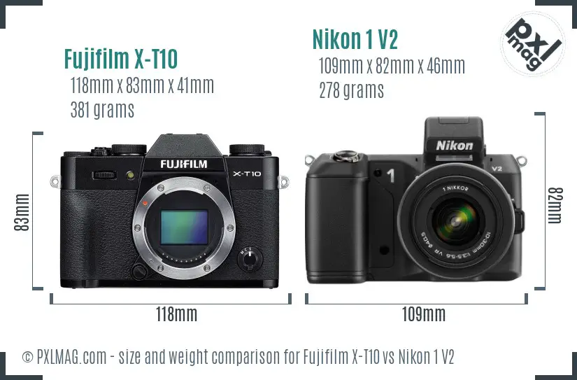 Fujifilm X-T10 vs Nikon 1 V2 size comparison