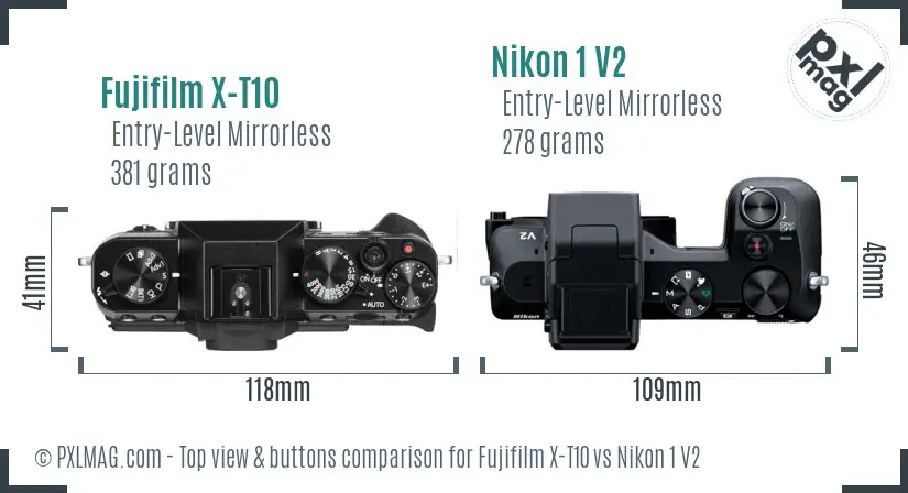 Fujifilm X-T10 vs Nikon 1 V2 top view buttons comparison