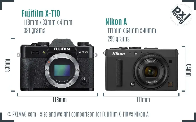 Fujifilm X-T10 vs Nikon A size comparison