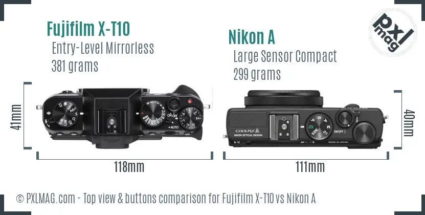 Fujifilm X-T10 vs Nikon A top view buttons comparison