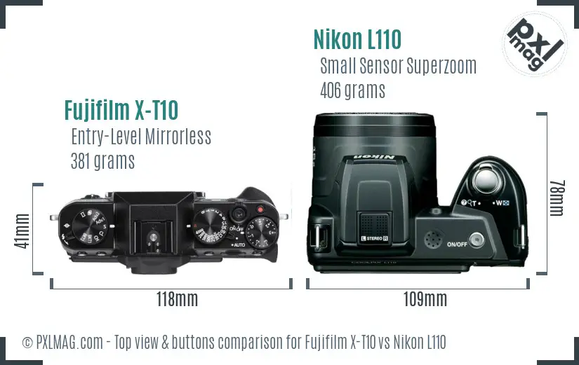Fujifilm X-T10 vs Nikon L110 top view buttons comparison