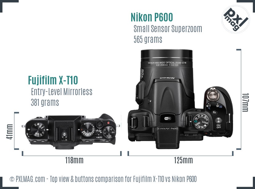 Fujifilm X-T10 vs Nikon P600 top view buttons comparison