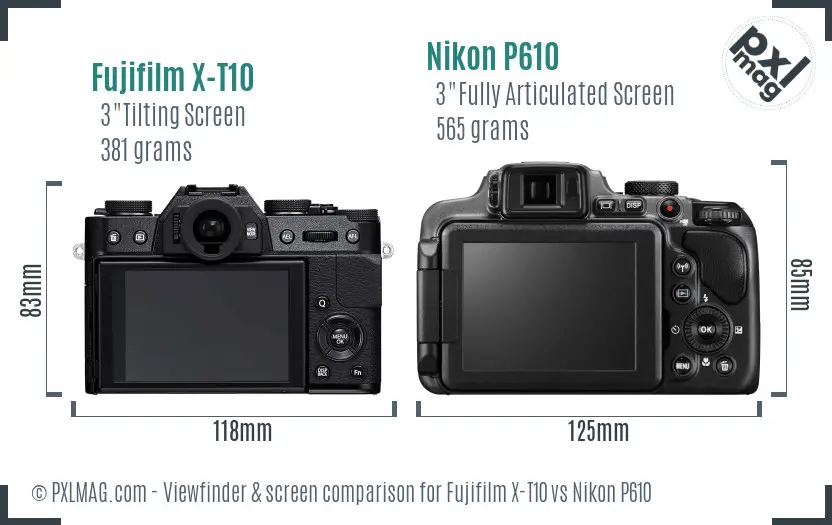 Fujifilm X-T10 vs Nikon P610 Screen and Viewfinder comparison