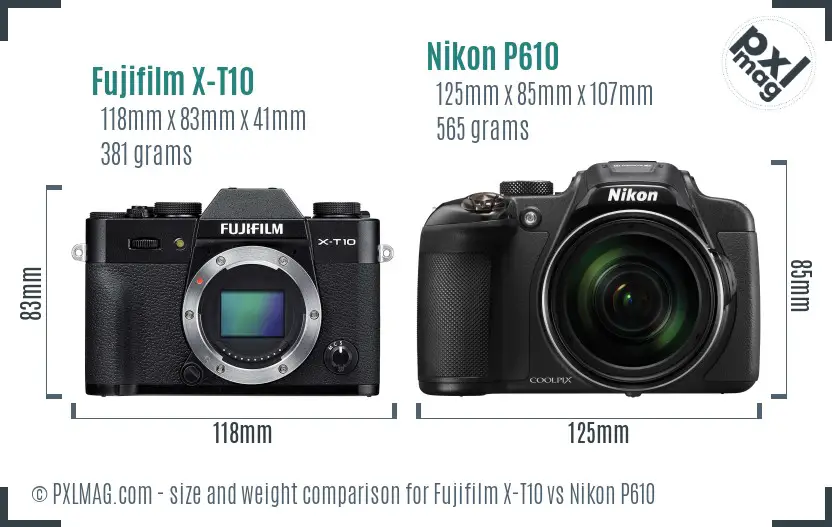 Fujifilm X-T10 vs Nikon P610 size comparison