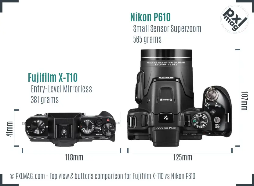 Fujifilm X-T10 vs Nikon P610 top view buttons comparison