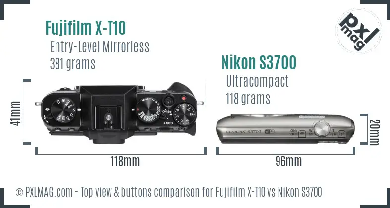 Fujifilm X-T10 vs Nikon S3700 top view buttons comparison