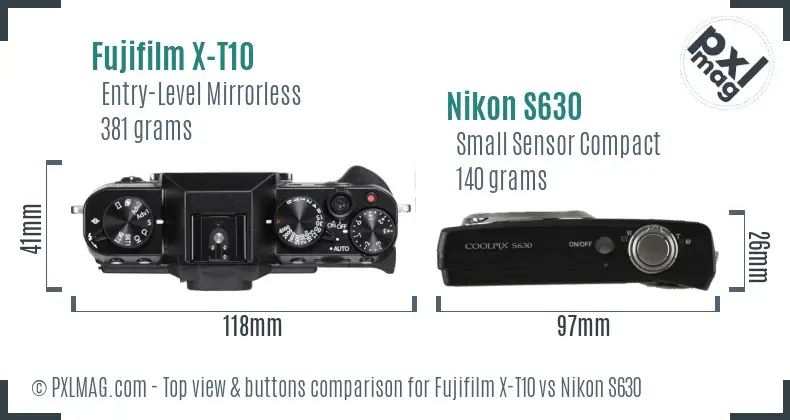 Fujifilm X-T10 vs Nikon S630 top view buttons comparison