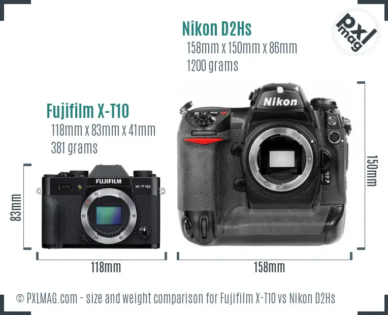 Fujifilm X-T10 vs Nikon D2Hs size comparison