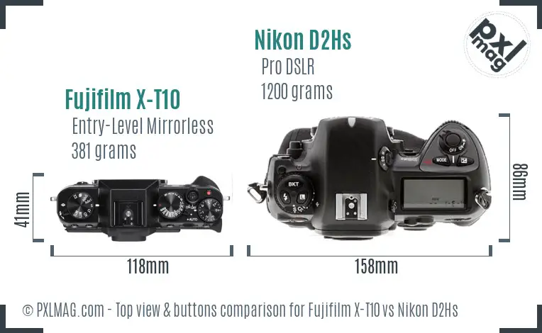 Fujifilm X-T10 vs Nikon D2Hs top view buttons comparison