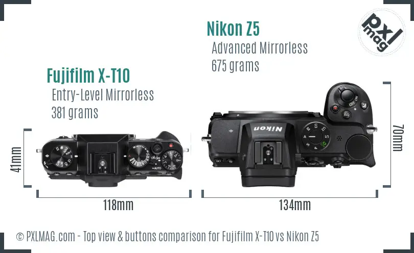 Fujifilm X-T10 vs Nikon Z5 top view buttons comparison Fujifilm X-T10 vs Nikon Z5 top view buttons comparison