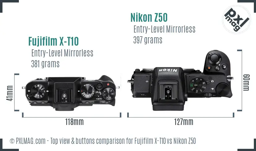 Fujifilm X-T10 vs Nikon Z50 top view buttons comparison