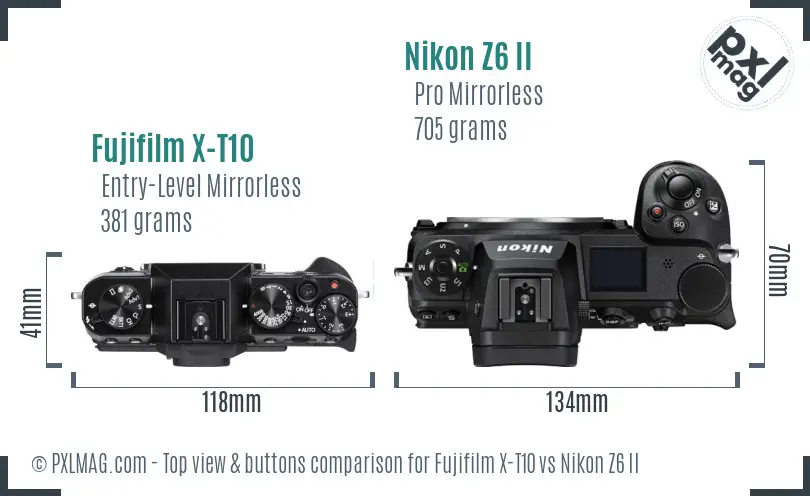 Fujifilm X-T10 vs Nikon Z6 II top view buttons comparison