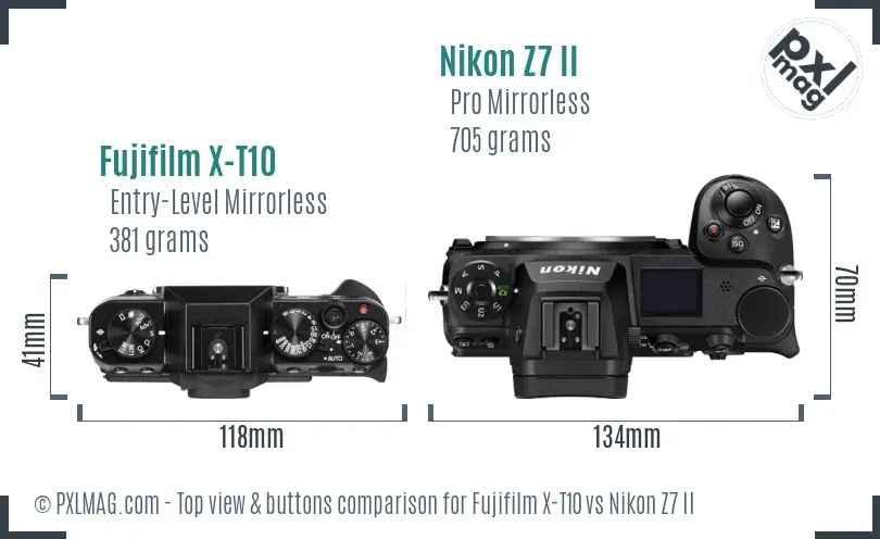 Fujifilm X-T10 vs Nikon Z7 II top view buttons comparison
