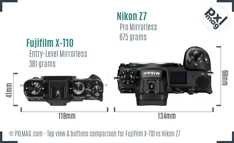 Fujifilm X-T10 vs Nikon Z7 top view buttons comparison
