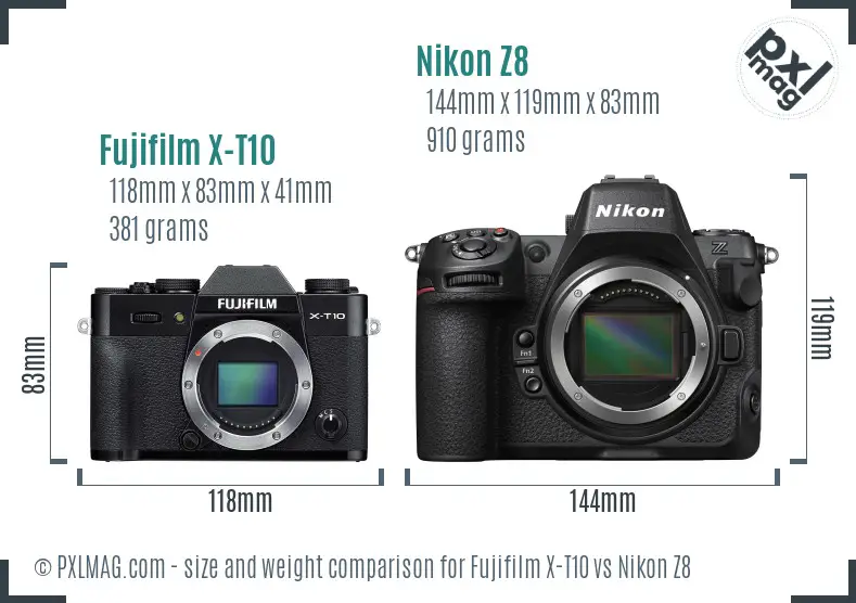 Fujifilm X-T10 vs Nikon Z8 size comparison