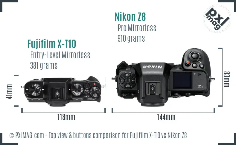 Fujifilm X-T10 vs Nikon Z8 top view buttons comparison