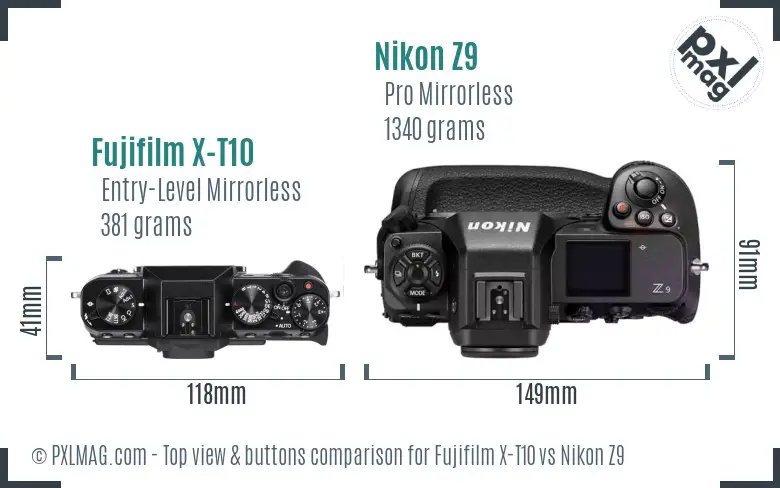 Fujifilm X-T10 vs Nikon Z9 top view buttons comparison