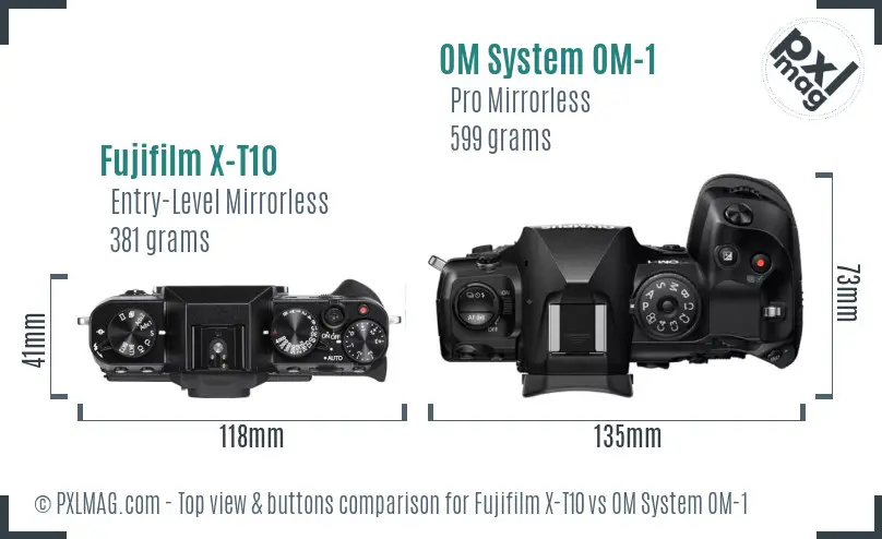 Fujifilm X-T10 vs OM System OM-1 top view buttons comparison