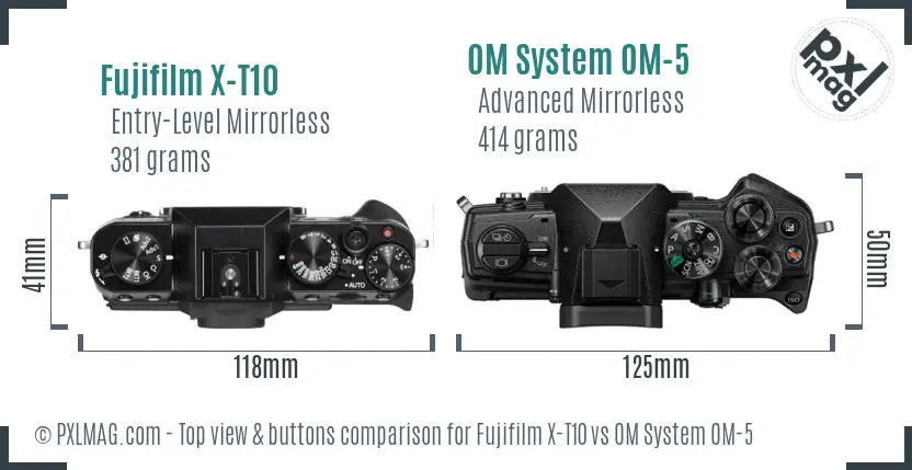 Fujifilm X-T10 vs OM System OM-5 top view buttons comparison Fujifilm X-T10 vs OM System OM-5 top view buttons comparison