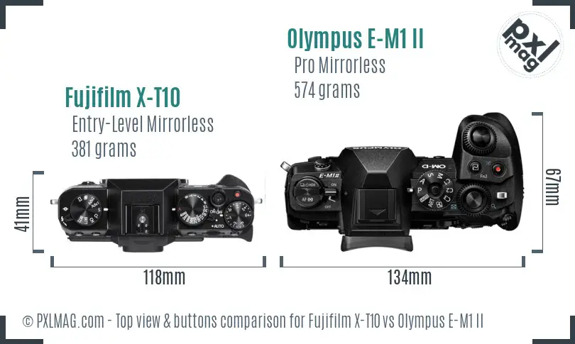 Fujifilm X-T10 vs Olympus E-M1 II top view buttons comparison