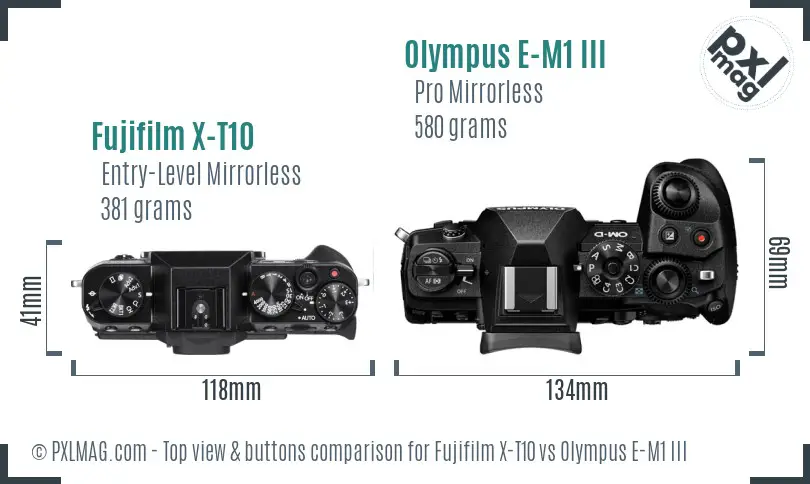 Fujifilm X-T10 vs Olympus E-M1 III top view buttons comparison