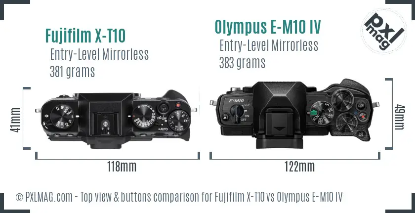Fujifilm X-T10 vs Olympus E-M10 IV top view buttons comparison