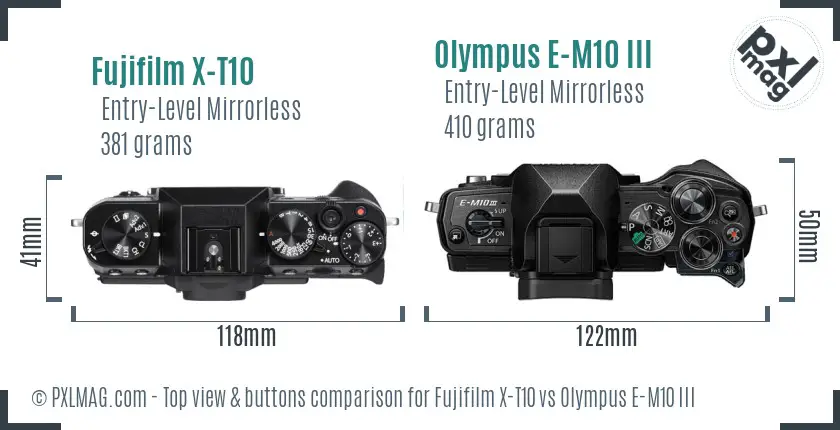 Fujifilm X-T10 vs Olympus E-M10 III top view buttons comparison
