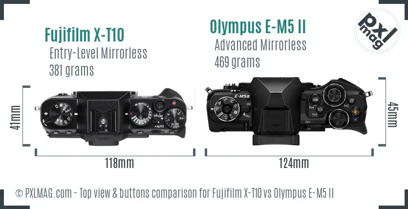 Fujifilm X-T10 vs Olympus E-M5 II top view buttons comparison