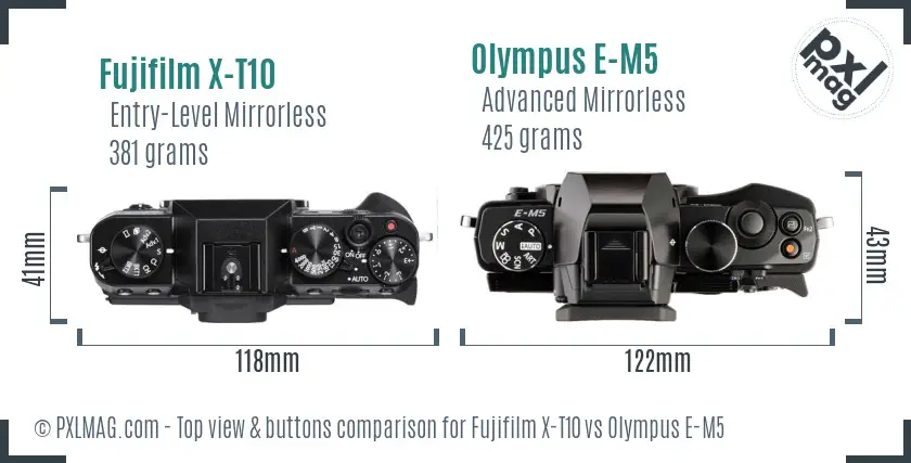 Fujifilm X-T10 vs Olympus E-M5 top view buttons comparison